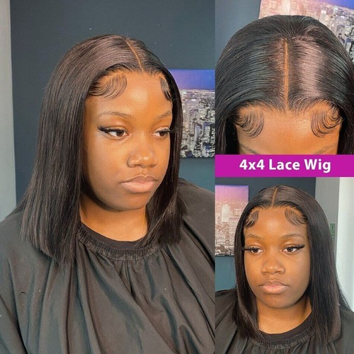 Knochen gerade Teil Lace Echthaar Perücke kurz Bob vorgezupft 4x4 Verschluss Perücken - Bild 4 von 18