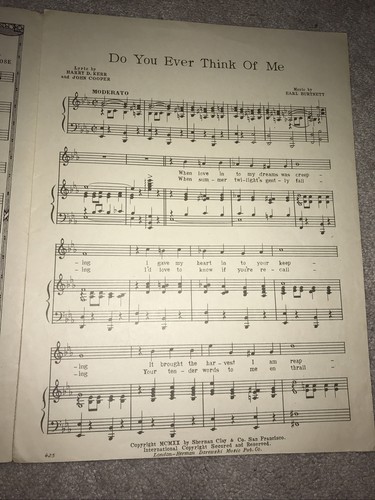 1920 DO YOU EVER THINK OF ME? Sheet Music by Earl Burtnett, Kerr, Cooper - Picture 2 of 2