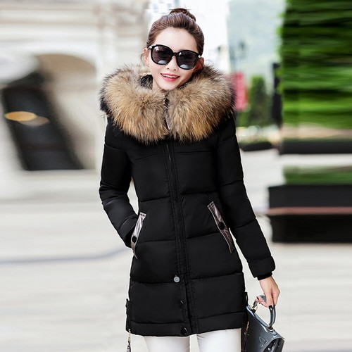 Damen Winter warmer Pelzkragen Kapuze langer Mantel Jacke Parka Outwear Daunenmantel - Bild 7 von 17