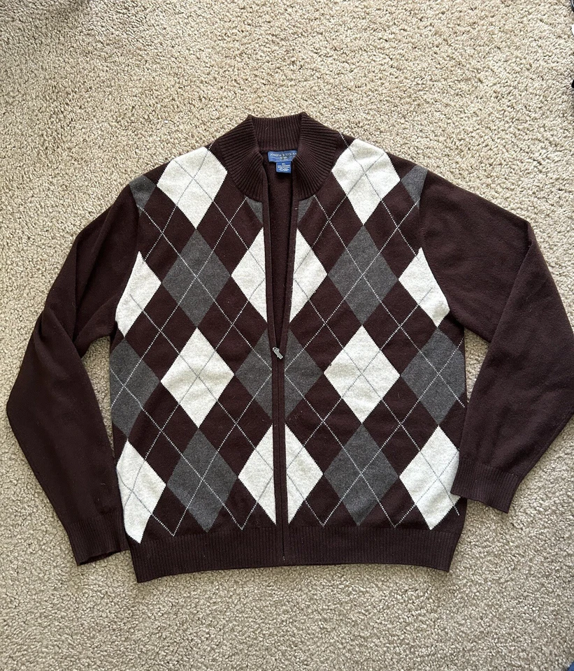 Suéter Joseph & Lyman Para Hombre XL Marrón Argyle Pullover Tejido, Cremallera, 100% Cachemira Foto 2 de 4