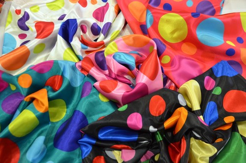 Multi Color Polka Dot Fabric | Polka Dot Satin Fabric | Polka Dot Silky Satin | - Picture 1 of 8