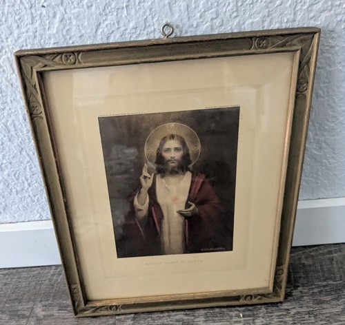 Sacred Heart Of Jesus Bosseron Vintage Print Framed 8.75" x 7" - Picture 4 of 9