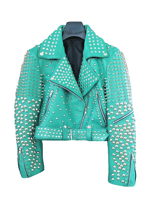 Women's Studded Biker Jacket Punk Rock Spiked Moto Real Leather Cropped Coat