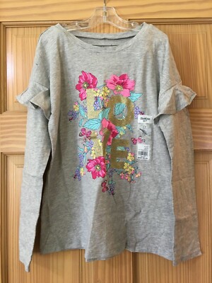 NWT Oshkosh Love Floral Tee Shirt Top Girls Long Sleeve Gray 12,14
