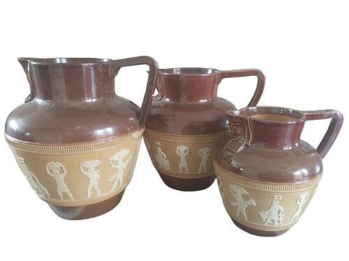 Doulton Lambeth - Set Of Three Graduated Egyptian Revival Jugs