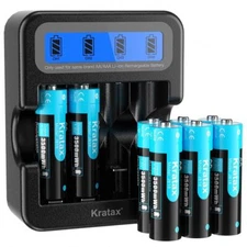 Kratax 1.5V Rechargeable Lithium AA Batteries 3500mWh AA Li-ion LCD Charger Lot