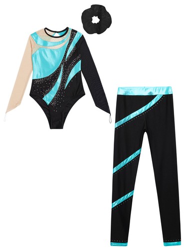 Kids Girls Set Shiny Outfit Rhinestones Leotard Headband Pants Contrast Hoodie - Picture 39 of 62