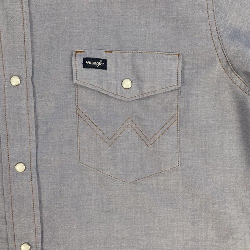 Camicia da lavoro vintage Wrangler Western uomo 16,5 x 33 blu chambray perla a scatto - Foto 12 di 13