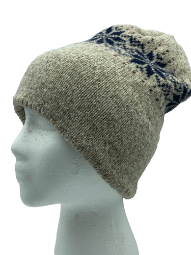 Berkshire Fashions Wollmischung Winter Beanie Mütze beige blau nordisch Schneeflocke Strick
