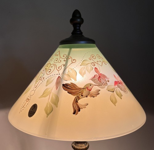 Vintage Fenton Glass Hand Painted Green Hummingbird Flowers Table Desk Lamp /500 - Picture 10 of 10
