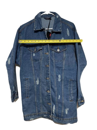 Women's Excuse Long Button Down Ripped Distressed Denim Jean Jacket Coat Size S - Picture 5 of 6
