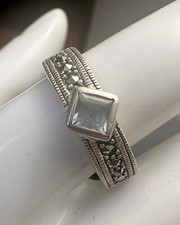 Lovely Delicate Square Blue Topaz Marcasite 925 Sterling Silver Ring Sz 9