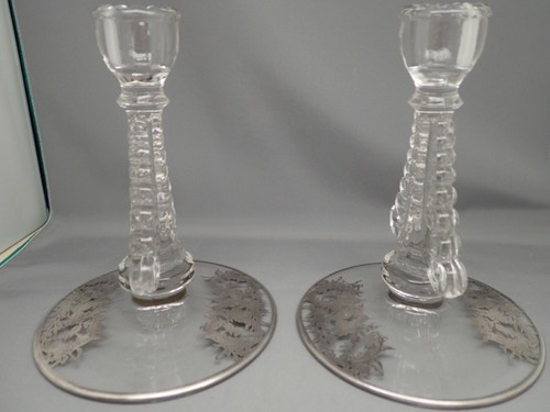 2 Vintage Art Deco Silver Overlay Paden City Glass Nerva Candlesticks - Picture 6 of 6