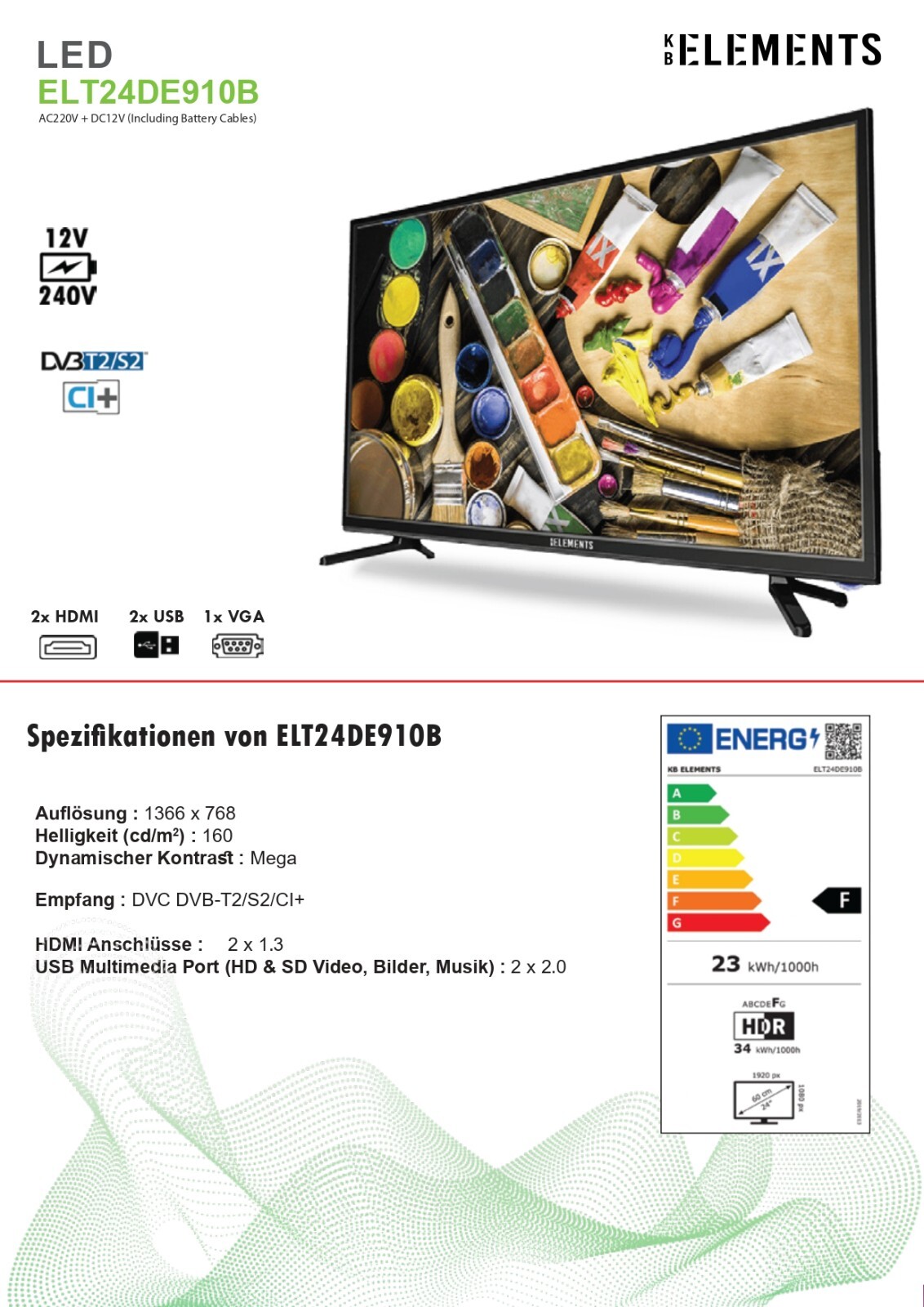 KB ELEMENT 24 Zoll TV Fernseher DVB-T2 HD, Triple-Tuner Anschluss 220V 12V