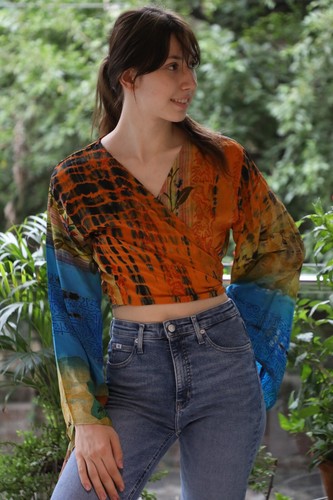 Blusa Vestido Top Envolvente Seda Pura Corbata Niñas Mujer Y2k Boho Recortado PS PSW1688 - Imagen 11 de 14