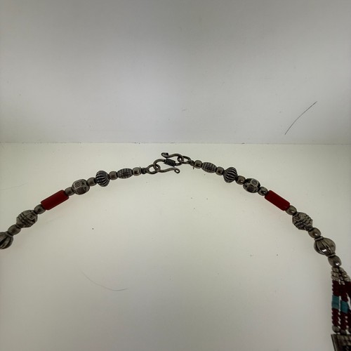 Southwestern Turquoise & Coral Necklace - Sterling Silver - Vintage Handmade - Picture 14 of 18