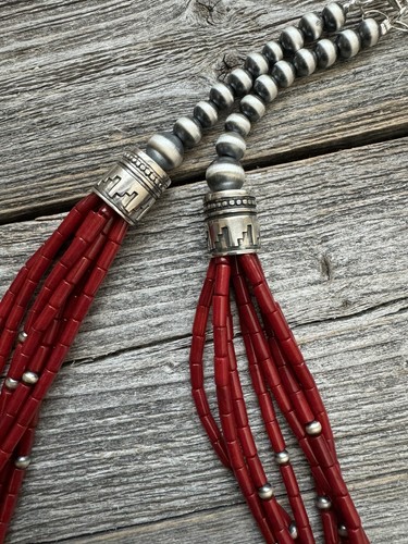 Sterling silver red coral multistrand necklace 24 inch - Picture 11 of 12