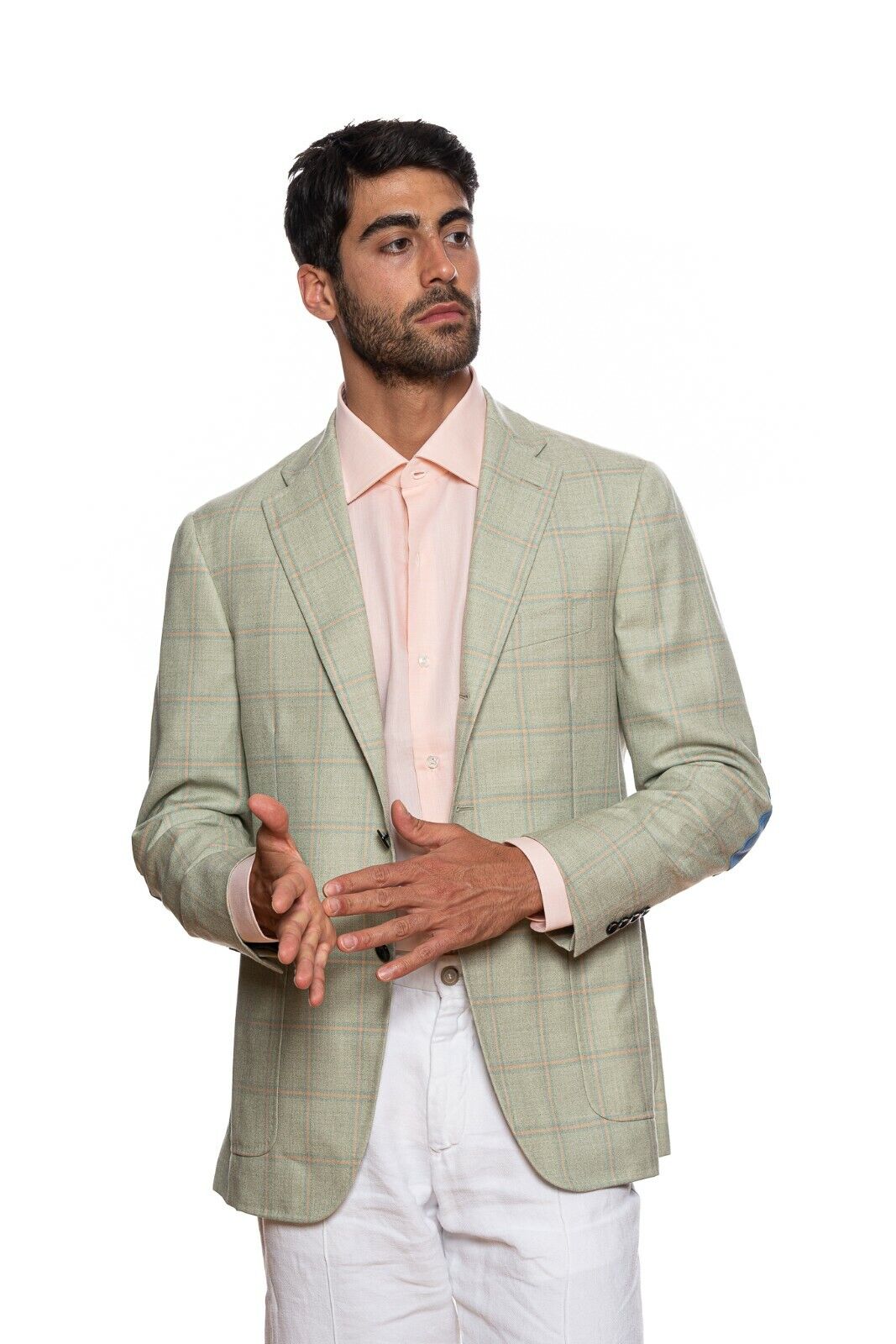 2550$ BELVEST Windowpane Jacket Cashmere Checks Light Green 46 US