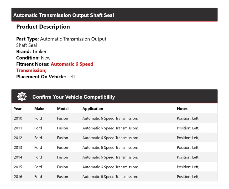 Уплотнение левого вала выходной вал автоматической коробки передач для Ford Fusion 2010-2016 годов выпуска Timken - Изображение 2 из 4