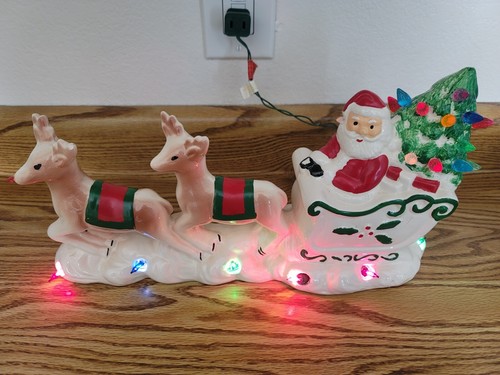 Vintage Trim 'N Glo Lighted Ceramic Santa's Sleigh Christmas Decor