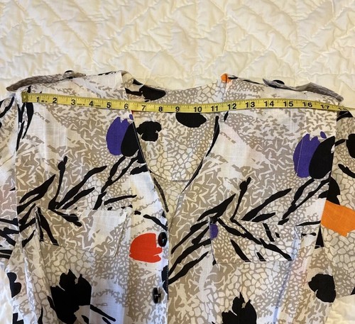 VTG Womens Dress Button Front Abstract Floral Black On White/Tan Color Splash S - Picture 3 of 11