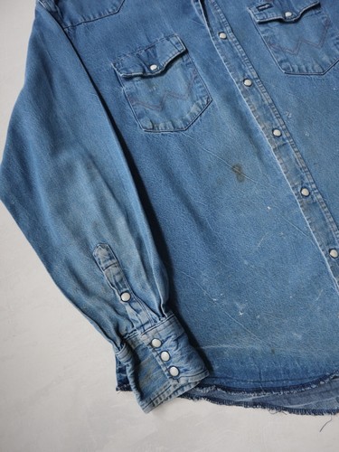 Vintage Wrangler Denim Shirt Pearl Snap Size XL Faded Chambray Western Workwear - Picture 5 of 6
