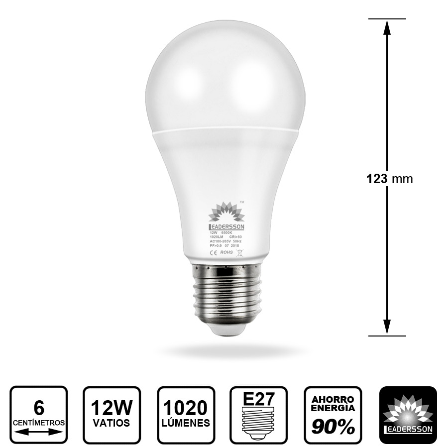 Pack 10 Bombillas LED A60 estandar 12W esferica E27 1020Lm bajo consumo...