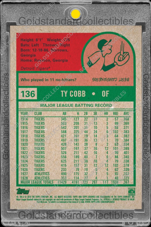 Tarjeta de inversión Ty Cobb RARA TOPPS SSP TIGERS SALÓN DE LA FAMA MVP COMO NUEVA Foto 2 de 2