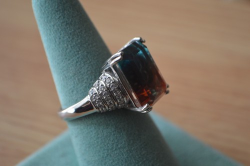 14.65ct  Aqua Terra Costa Quartz Triplet /Zircon Ring Platinum over Silver Sz 10 - Picture 3 of 8