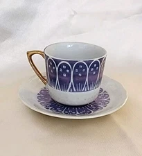 Vintage Porcelain Japan Small Tea Cup & Saucer Plate Set Blue Gold Coffee