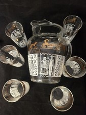VTG anchor hockey Amish butter print gold accents pitcher & 6 Glasses 8 Oz 6-75