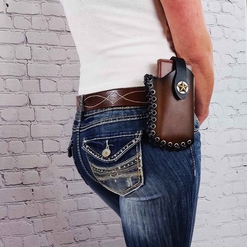 Leather Phone Holster, Western Style Phone with Sunburst and Leather Lace - Picture 8 of 9