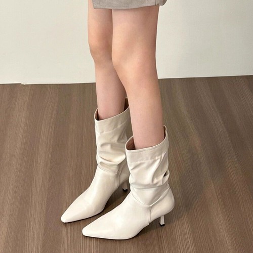 Women's Mid-Calf Boots Women's High Heel Pleated Fashion Casual Winter Shoes Uk - Bild 7 von 11