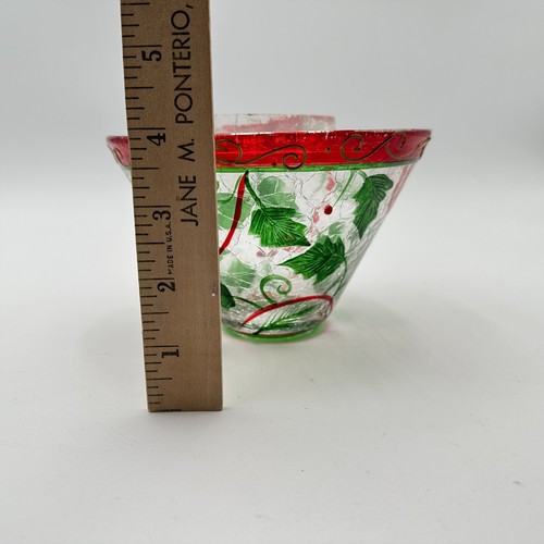 YANKEE CANDLE Crackle Glass Jar Shade Green Pine Needles Leaves Red & Gold Trim - Picture 3 of 6
