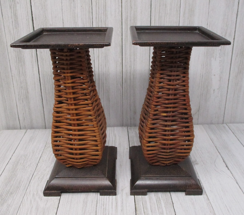 Set of 2 Partylite Island Escape Wicker/Rattan Metal Pillar Holder 8" - Picture 3 of 9