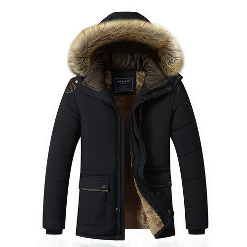 Herren Mantel warme Fleecejacke Fellkragen dick Winter Oberbekleidung wattiert Kapuze Parka