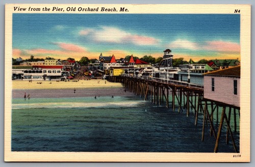 Postcard Old Orchard Beach ME c1940s View from the Pier Beach View Waterslide - Bild 1 von 2