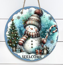 Snowman Welcome 10" Metal Round Door Sign