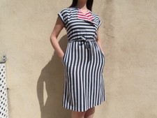 1980s Vintage Black  White  Red Striped Dress sz Small/Medium / 38" chest