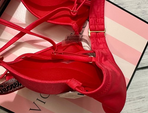 Victoria's Secret Logo Shine Strap Swim Bombshell Add-2-cups Thong Set Red - Picture 11 of 11