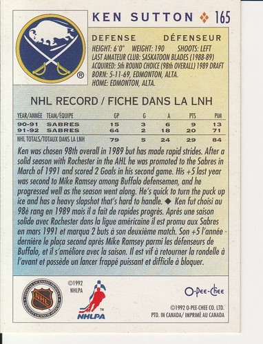 Ken Sutton Autographed Hockey Card (Buffalo Sabres) 1992 O Pee Chee #165 - Picture 2 of 2