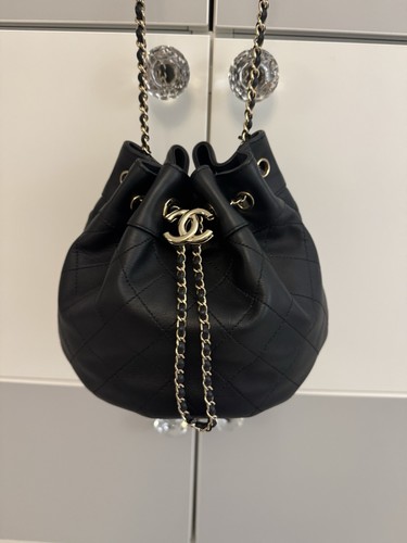 CHANEL CC Drawstring Closure Bucket Bag Black Leather