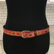 Leather Belt Womens 34 Red Tan Argyle Diamond Pattern Gold Tone Buckle Narrow