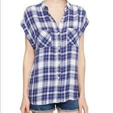 Rails Women's Blue & White Britt Short Sleeve Plaid Button Down Shirt Size XS