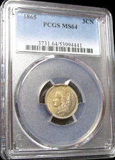 1865 Copper Nickel Three Cent Piece 3cp ---- MS-64 PCGS Graded ---- #406C