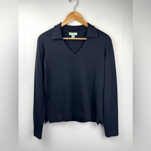 Geneva Women's Soft 100% Cashmere Sweater Black V-Neck w/ Polo Collar Size Large