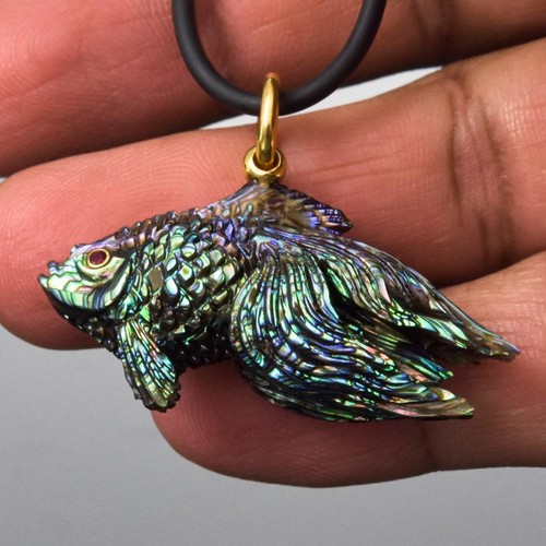 Goldfisch Anhänger geschnitzt Abalone Muschel Gold Vermeil Sterlingsilber Rubin 9,19 g - Bild 5 von 13