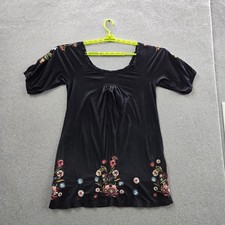 Johnny Was Women Dress M Black Floral Embroidered Tunic Short Sleeve