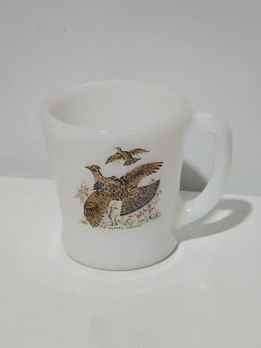 Vintage Fire King Coffee Mug Cup Ruffled Grouse D Handle White Oven Ware USA