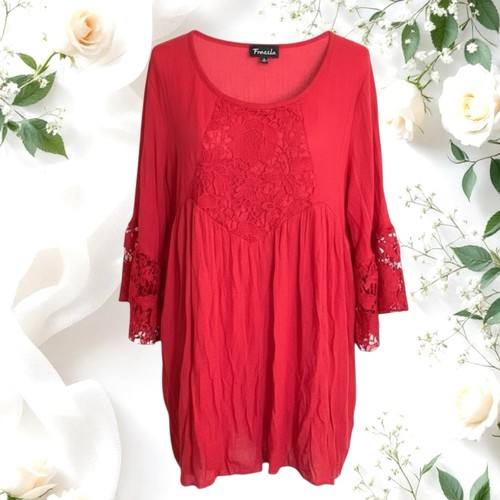 Frazzle rotes Baby Puppenkleid mit Blumen Häkelspitze & 3/4 Viertelärmeln Wm XXL - Bild 1 von 8